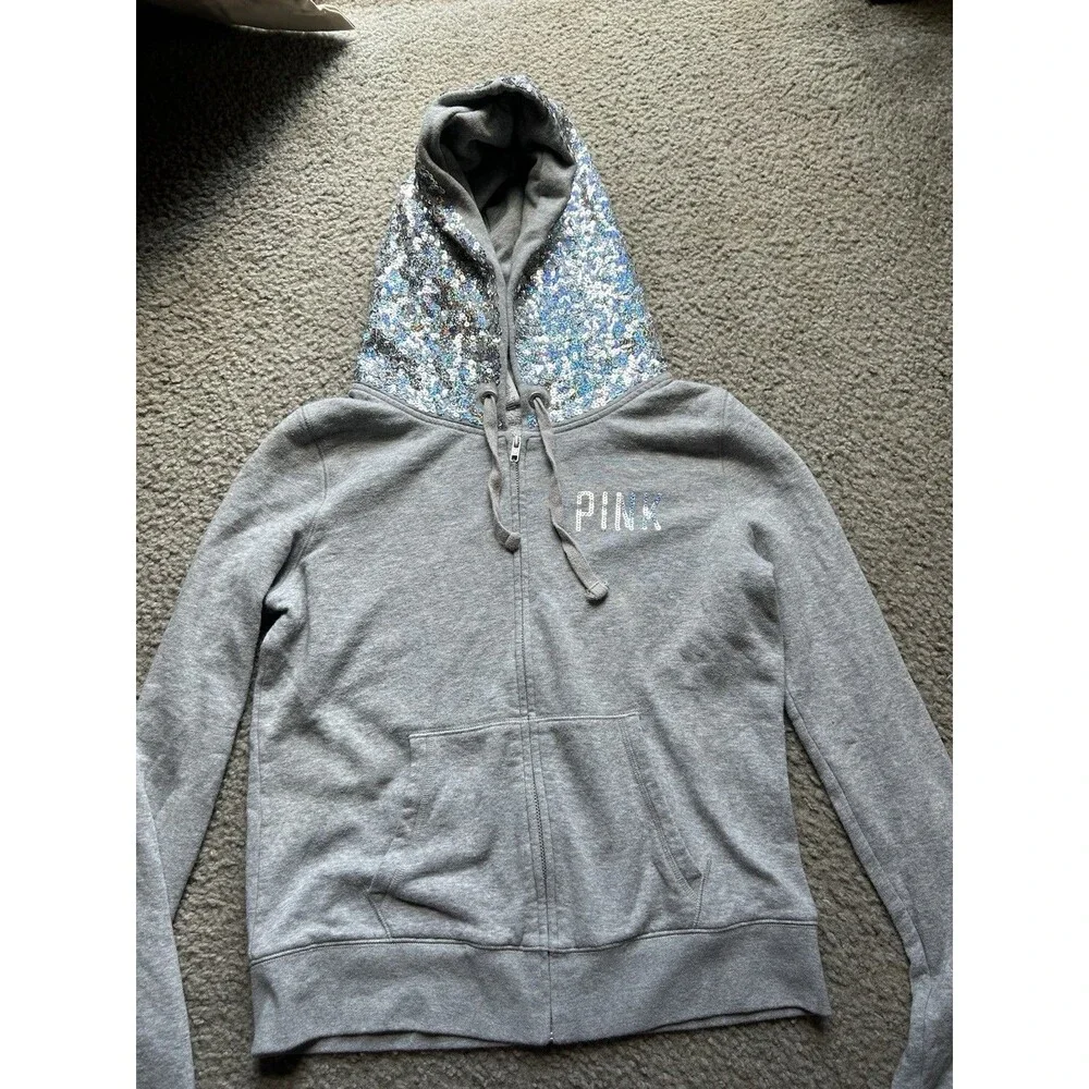 Vintage Victoria’s Secret PINK Gray Sequins Hoodie Sweater MEDIUM RARE Y2K